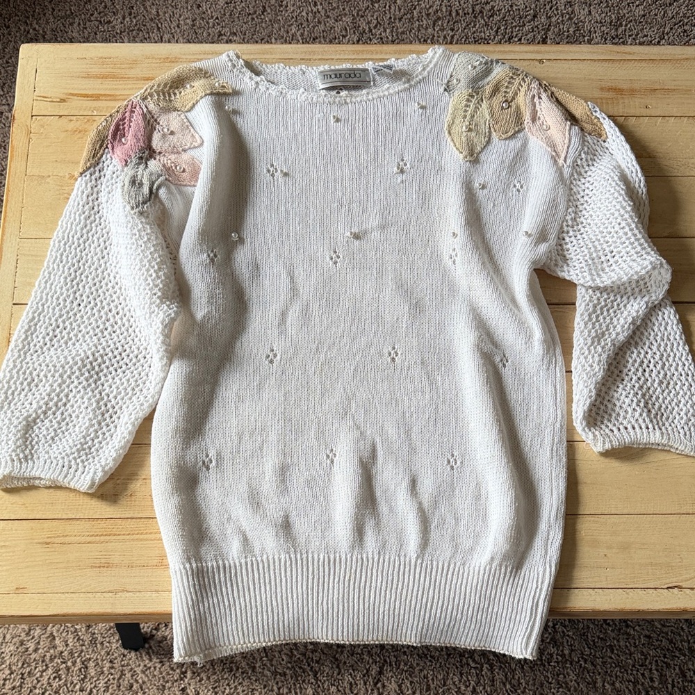 Stylish White Sweater with Colorful Shoulder Details